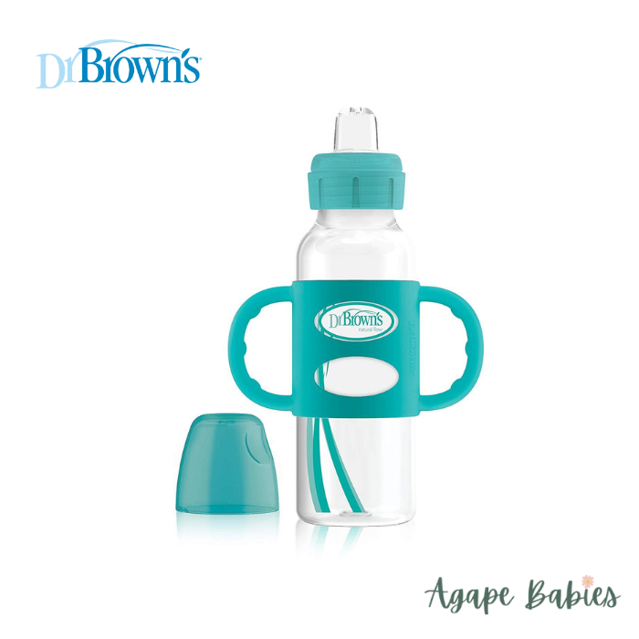 [2-Pack] Dr Brown's 8 oz/250 ml PP NN"Options Compatible" Sippy Spout Bottle W/Silicone Handles - Turquoise