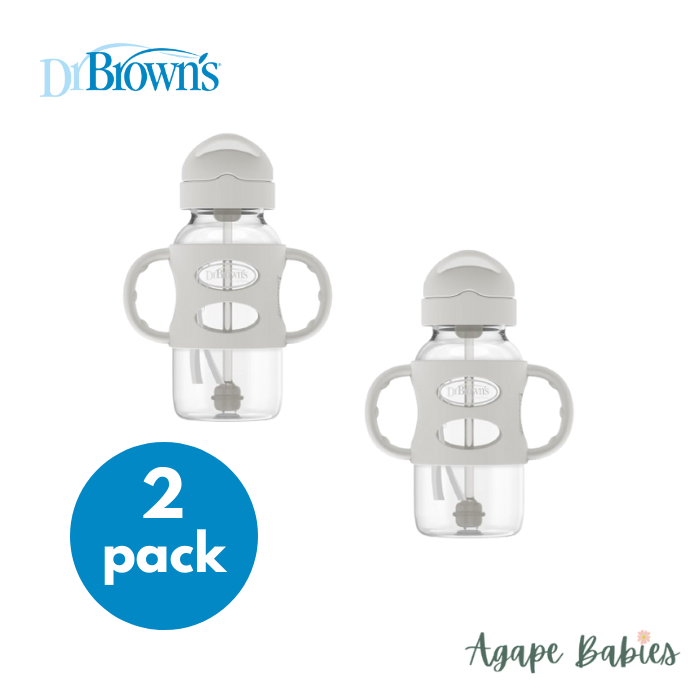 [Bundle of 2] Dr Brown's 9 oz/270 ml PP W-N Sippy Straw Bottle w/ Silicone Handles, Gray, 1-Pack