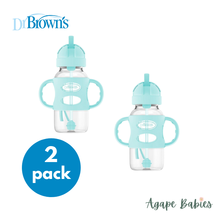 [Bundle of 2] Dr Brown's 9 oz/270 ml PP W-N Sippy Straw Bottle w/ Silicone Handles, Green, 1-Pack