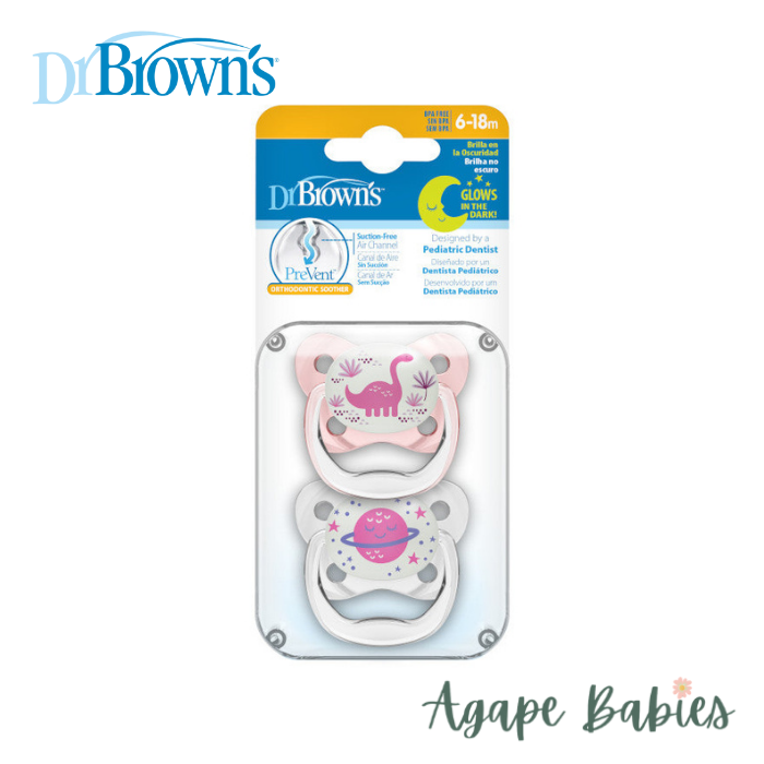 [Bundle Of 2] Dr. Brown's Prevent Glow-in-The-Dark Butterfly Shield Soother, Stage-2 (Pink) ,2-Pack