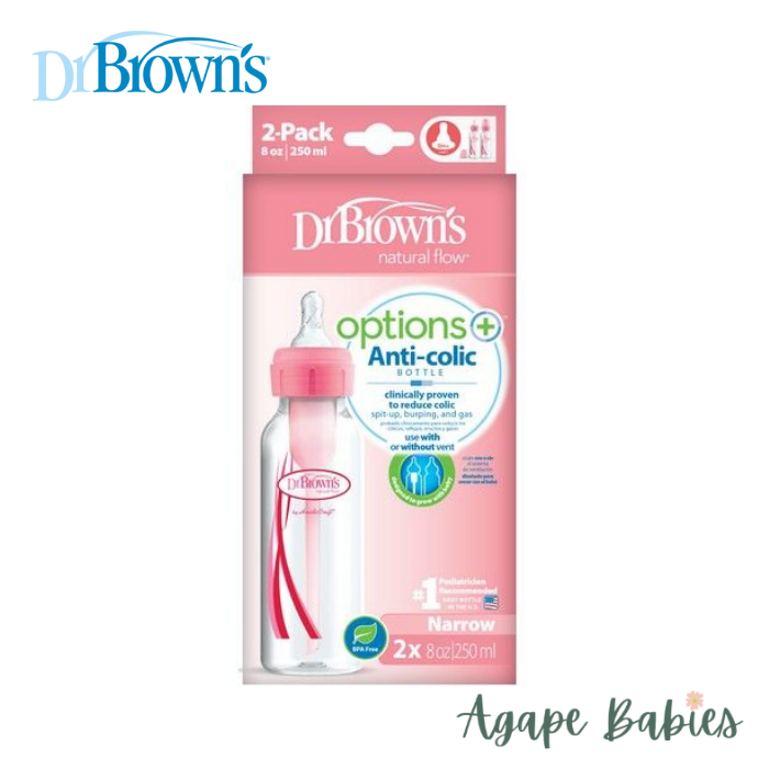 Dr Brown's 8 oz/250 ml PP Narrow-Neck "Options+" Bottle - Pink (Twin Pack)