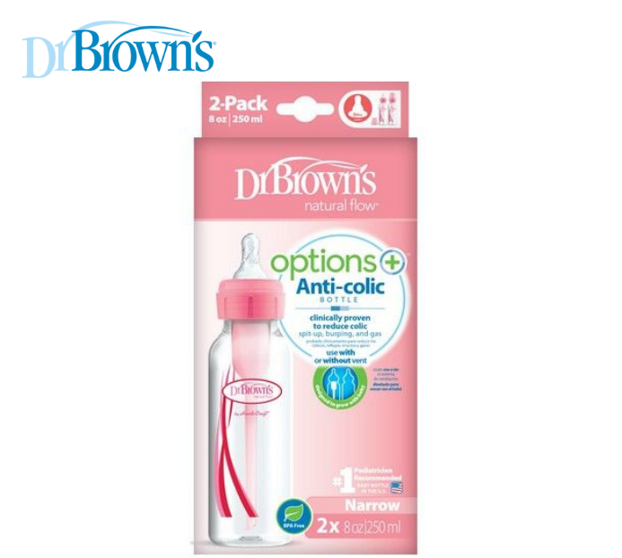 Dr Brown's 8 oz/250 ml PP Narrow-Neck "Options+" Bottle - Pink (Twin Pack)