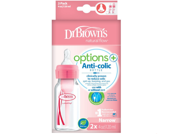 Dr Brown's 4 oz/120 ml PP Narrow-Neck "Options+" Bottle - Pink (2-Pack)