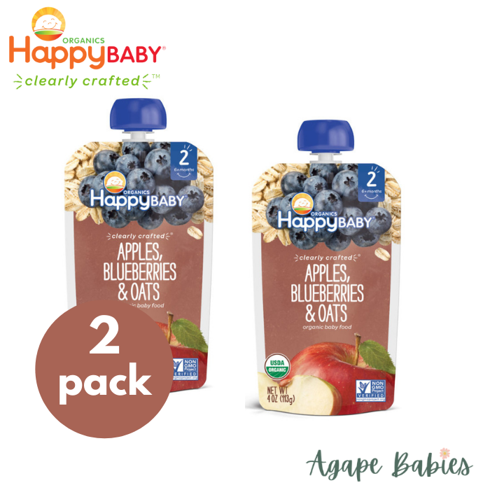 [2-Pack] Happy Baby Happy Family Happy Tot Clearly Crafted - Apples Blueberries & Oats, 113g. Stage 2 (For 6m up) Exp: 10/24