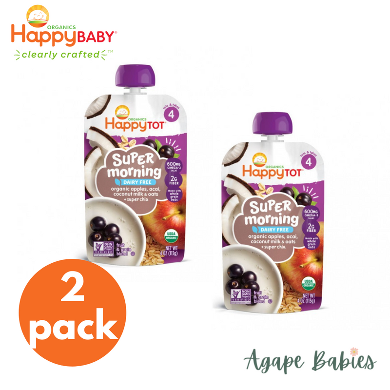 [2 Pack] Happy Baby Happy Family Happy Tot Super Morning - Organic Apples, Acai, Coconut Milk & Oats + Super Chia, 113 g (For 2yr up) Exp: 05/24