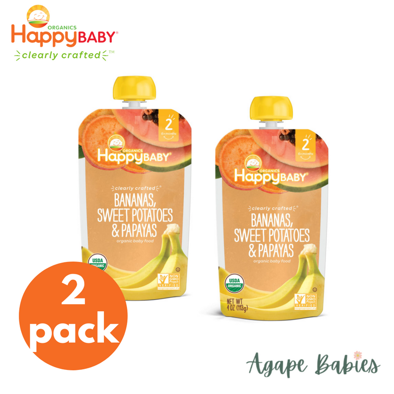 [2-Pack] Happy Baby Happy Family Happy Clearly Crafted - Bananas Sweet Potatoes & Papaya, 113g. Stage 2 (For 6m up) Exp: 08/24