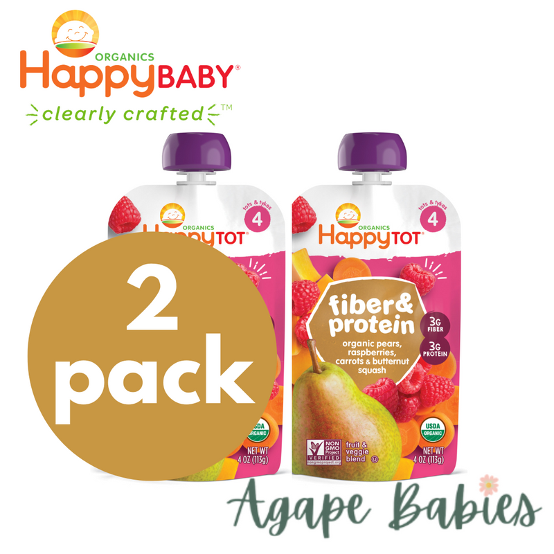 Happy Baby Happy Tot Fiber & Protein - Organic Pears, Raspberries, Butternut Squash & Carrots 4oz/113g (2 PACK BUNDLE) Exp: 02/24