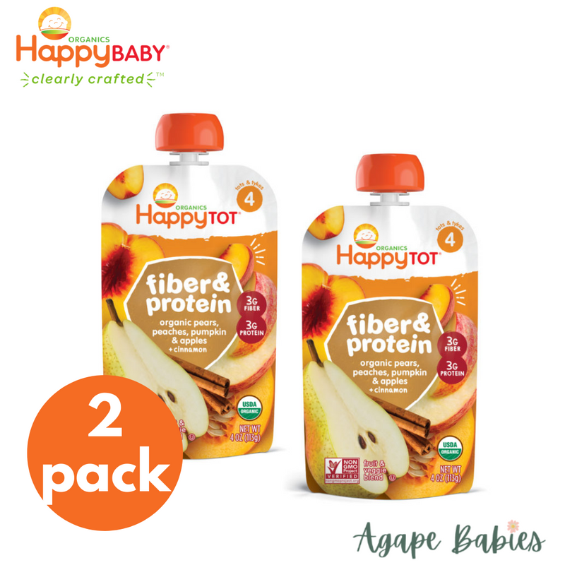 Happy Baby Happy Tot Fiber & Protein - Organic Pears, Peaches, Pumpkin + Apple Cinnamon 4oz/113g (BUNDLE of 2) Exp: 05/24