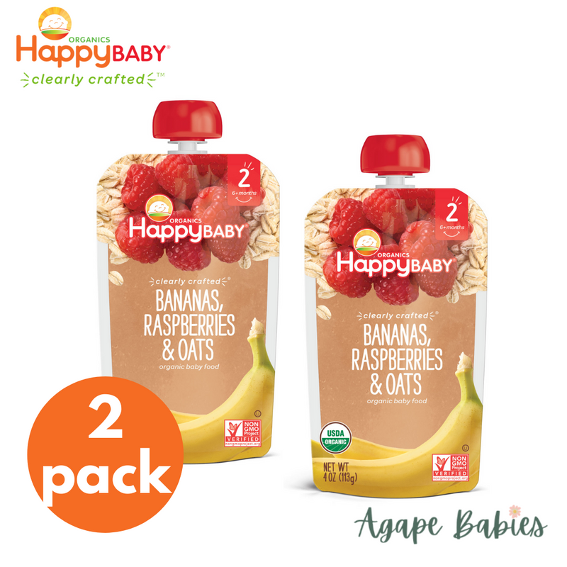 [2 Pack] Happy Baby Happy Family Happy Tot Clearly Crafted - Bananas Raspberries & Oats, 113 g. Stage 2 (For 6m up)