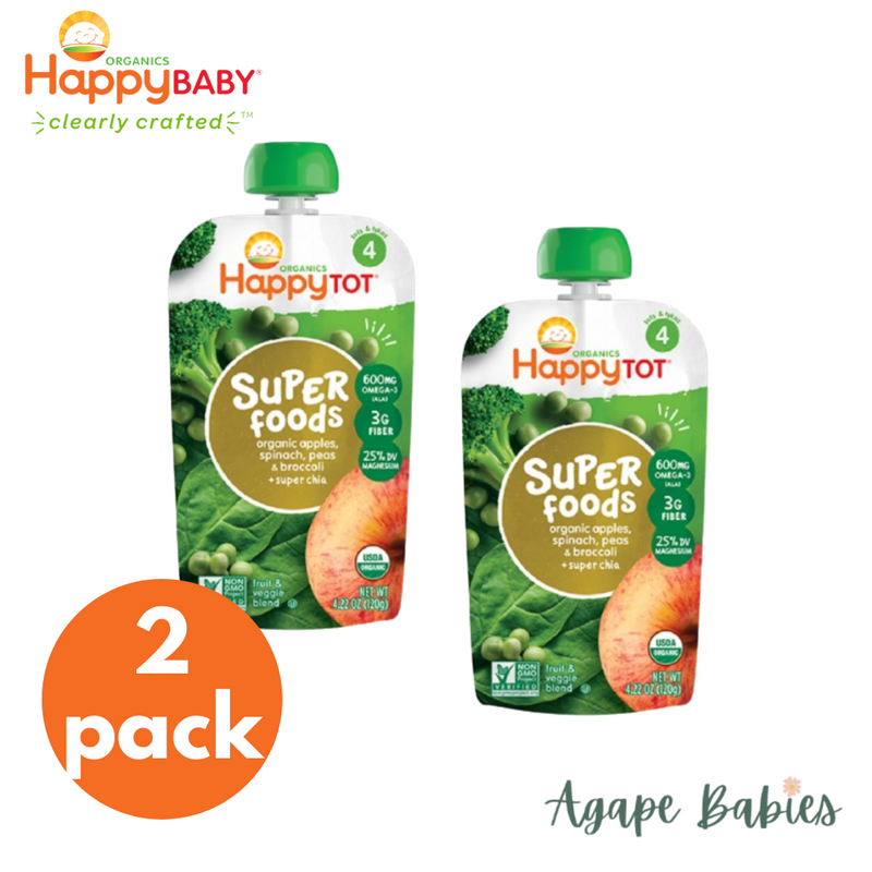 Happy Baby Happy Tot Super Foods - Organic Apple, Spinach, Peas & Broccoli + Super Chia 4.22oz/120g (2 PACK BUNDLE) Exp: 12/23