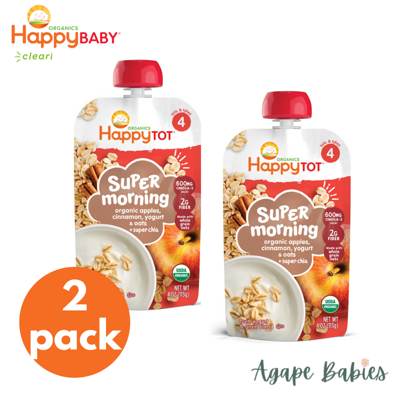 Happy Baby Happy Tot Super Morning - Apple, Cinnamon, Yoghurt & Oats + Super Chia, 4oz/113g (2 PACK BUNDLE) Exp: