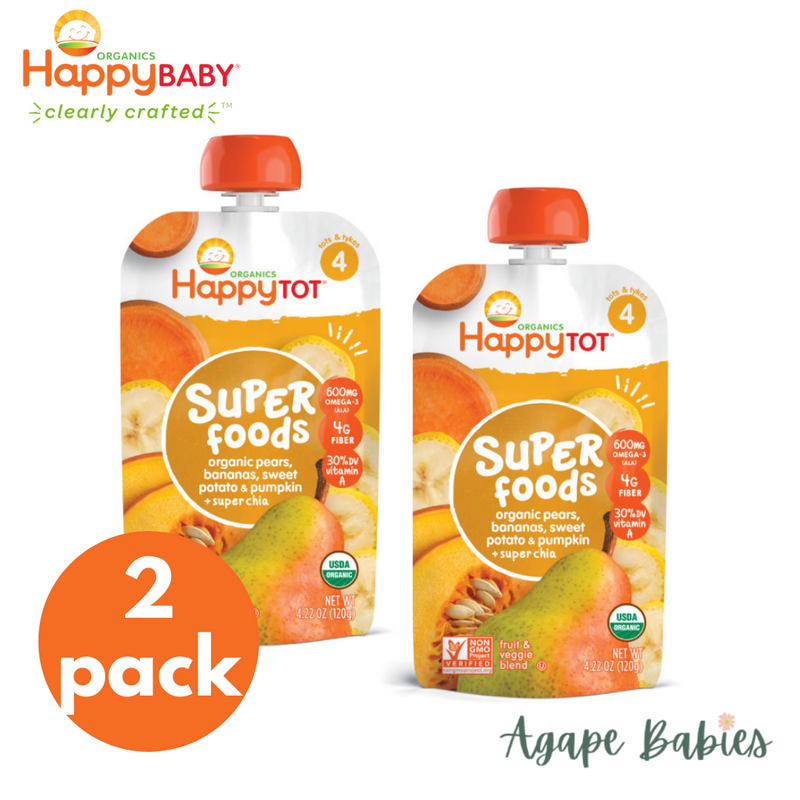 Happy Baby Happy Tot Organics Super Foods, Pears, Bananas, Sweet Potatoes & Pumpkin + Super Chia, 4.22oz/120g (2 PACK BUNDLE) Exp:11/23