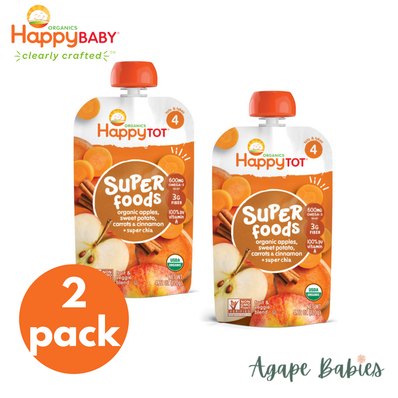 [2-Pack] Happy Baby Happy Family Happy Tot Superfoods - Apples, Sweet Potato, Carrots & Cinnamon, 120 g. (For 2yr up) Exp:06/24
