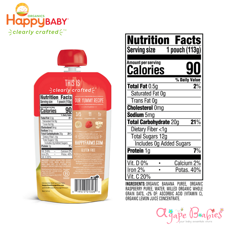 [2 Pack] Happy Baby Happy Family Happy Tot Clearly Crafted - Bananas Raspberries & Oats, 113 g. Stage 2 (For 6m up)