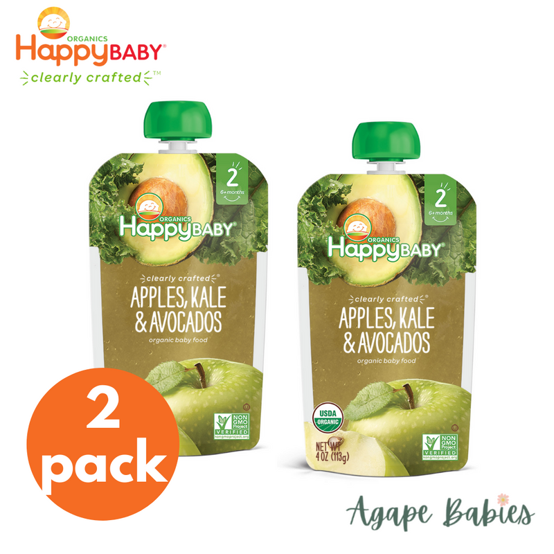 Happy Family Happy Baby Clearly Crafted, Organic Baby Food, Stage 2 (6+ months), Apples, Kale & Avocados, 4oz (2 PACK BUNDLE) Exp: 04/24