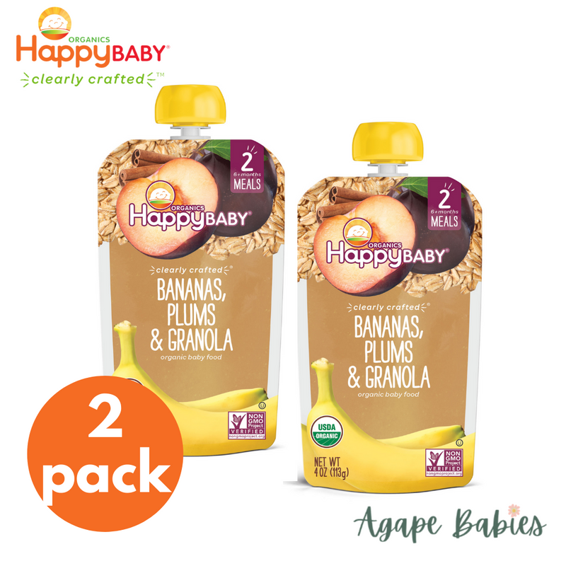 Happy Family Happy Baby Stage 2 (6+ months) Clearly Crafted Meals - Bananas Plums & Granola, 113 g.(2-PACK BUNDLE) Exp: 03/24