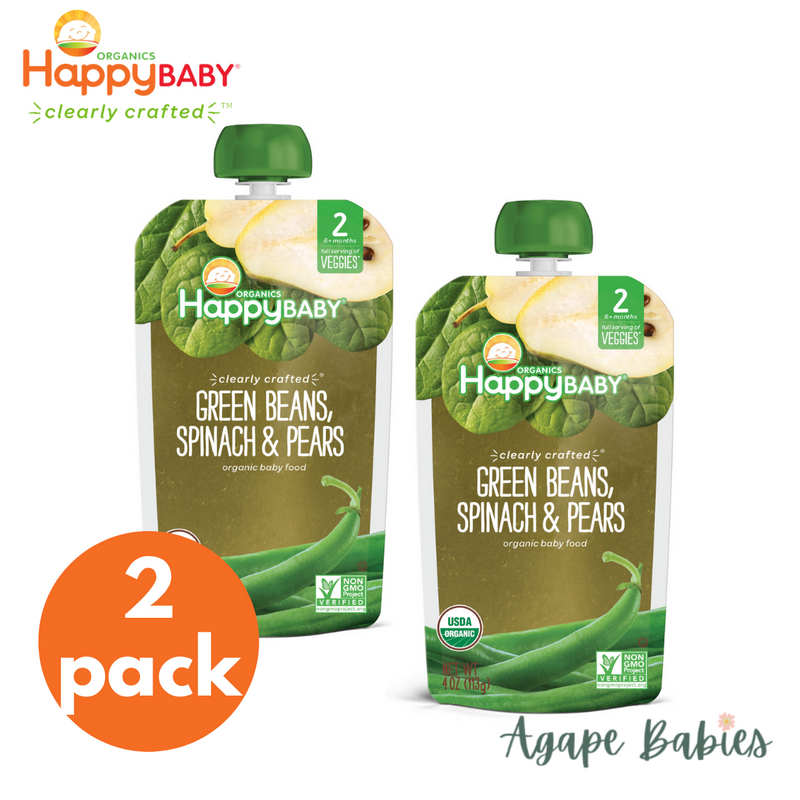 [2-Pack] Happy Baby Happy Family Happy Tot Clearly Crafted - Green Beans Spinach & Pears, 113 g. Stage 2 (For 6m up) Exp: 03/24
