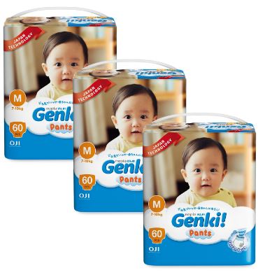 Nepia Genki Mega Pack Tape Diapers Pants M 60 (3 Packs / Cartoon) -FOC Showa Baby Wipes 99.5% Water 80s x 3packs