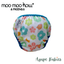 Moo Moo Kow One Size Swim Diaper - Mooky Flower with Blue Border