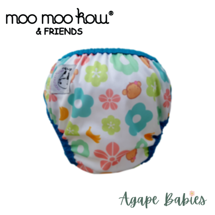 Moo Moo Kow One Size Swim Diaper - Mooky Flower with Blue Border