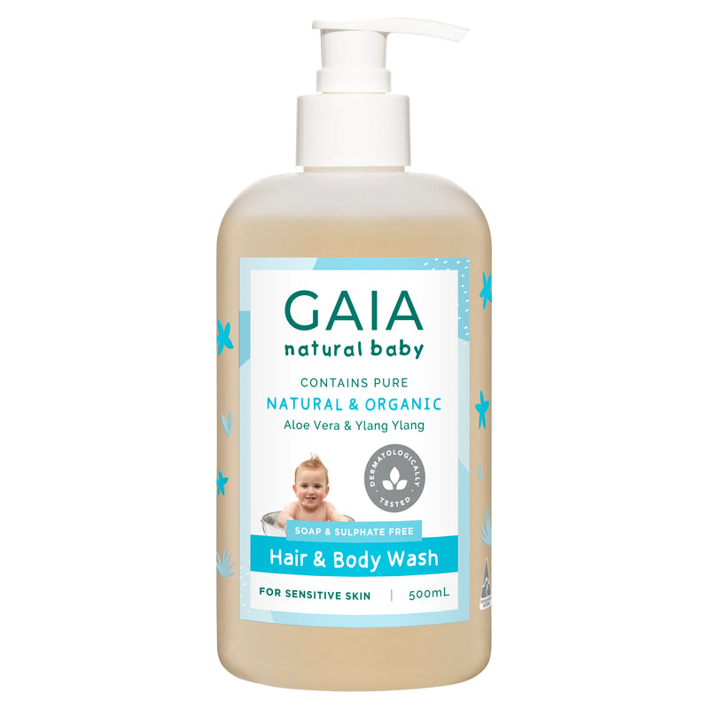 2 x GAIA Baby Hair & Body Wash 500ml + Pump Exp: 02/26 - FOC 2 X 50ml Travel Size bottles