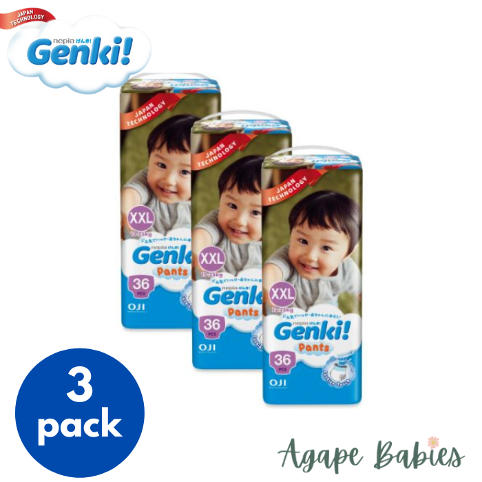 Nepia Genki Mega Pack Pants XXL 36 (3 Packs / Cartoon) -  FOC Showa Baby Wipes 99.5% Water 80s x 3packs