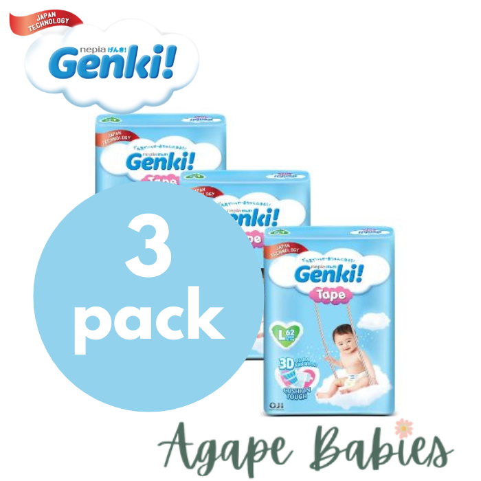 Nepia Genki Mega Pack Tape Diapers L62 (3 Packs / Cartoon) - FOC Showa Baby Wipes 99.5% Water 80s x 3packs