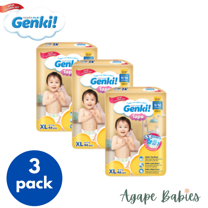 Nepia Genki Mega Pack Tape Diapers XL 44 (3 Packs / Cartoon) - FOC Showa Baby Wipes 99.5% Water 80s x 3packs