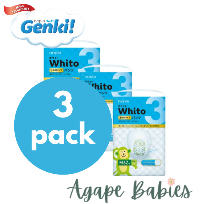 Nepia Whito Pants (3 Packs/Cartoon)  M62 3H - FOC Showa Baby Wipes 99.5% Water 80s x 3packs