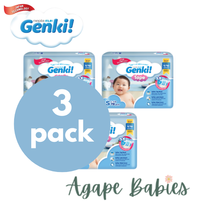 Nepia Genki Mega Pack Tape Diapers S82+5 (3 Packs / Cartoon) - FOC Showa Baby Wipes 99.5% Water 80s x 3packs