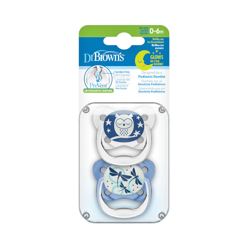 [Bundle Of 2] Dr. Brown's Prevent Glow-in-The-Dark Butterfly Shield Soother, Stage-1 (Blue) ,2-Pack