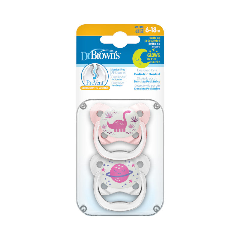 [Bundle Of 2] Dr. Brown's Prevent Glow-in-The-Dark Butterfly Shield Soother, Stage-2 (Pink) ,2-Pack