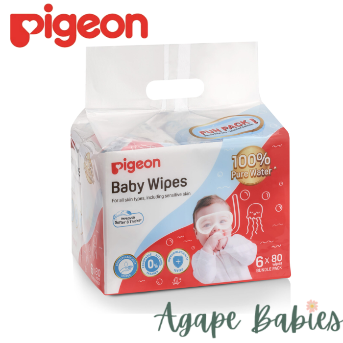 Pigeon Baby Wipes 80 Sheets 100% Pure Water 6 In 1 (SINGLE PACK) Exp: 2025