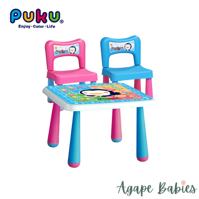 Puku Table(L) & 2 Chairs Set + Silicone Suction Bowl Sky Blue + Silicone Suction Plate  (Blue)  (Bundle Pack)