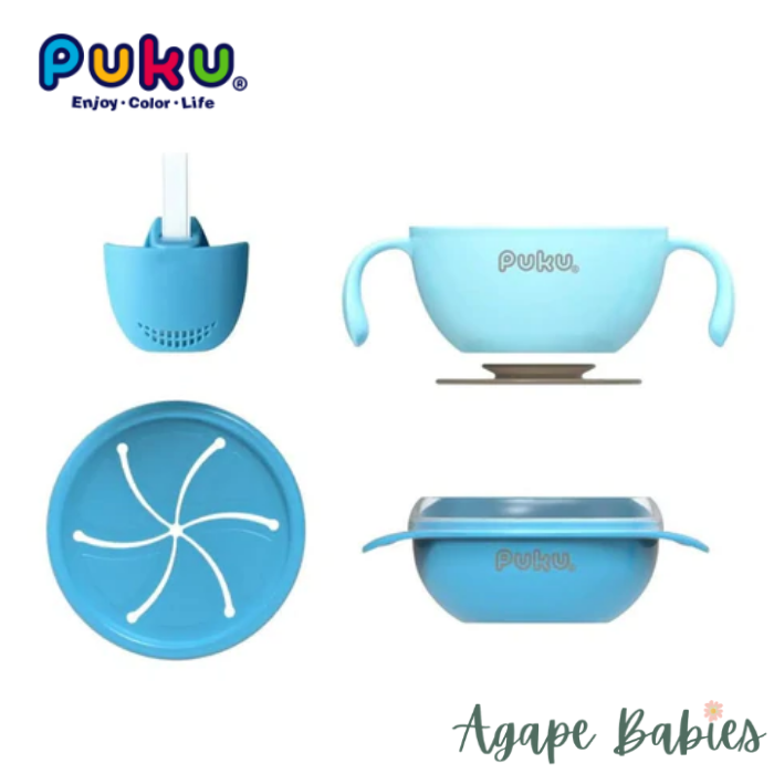 Puku 4pcs Set Suction Bowl (Blue) + Spoon and Fork Set - Blue/Green (Bundle Pack)