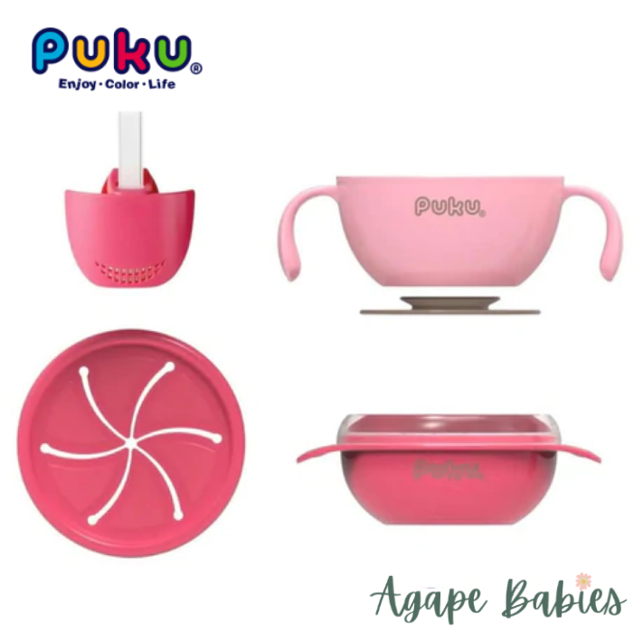 Puku 4pcs Set Suction Bowl (Pink) + Spoon and Fork Set - Blue/Green (Bundle Pack)