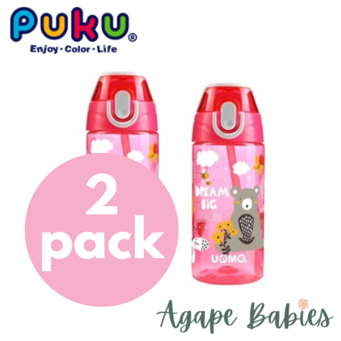 [2-Pack] Puku UNME Tritan Straw Bottle  400ml - Pink