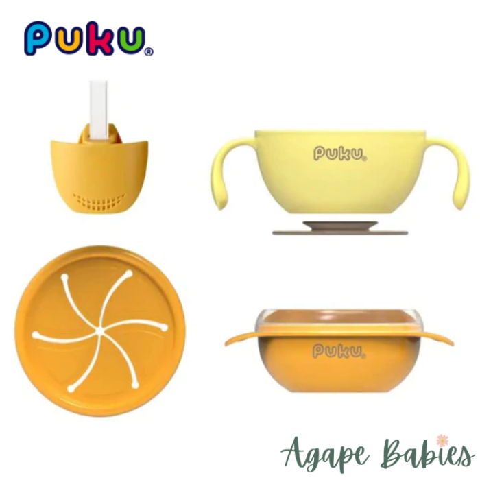 Puku 4pcs Set Suction Bowl (Yellow) + Spoon and Fork Set - Blue/Green (Bundle Pack)