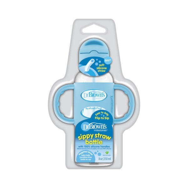 [2-Pack] Dr. Brown’s 8oz/250ml PP Narrow Sippy Straw Bottle w/ Silicone Handles - Blue