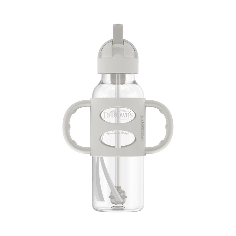 [2-Pack] Dr. Brown’s 8oz/250ml PP Narrow Sippy Straw Bottle w/ Silicone Handles - Gray
