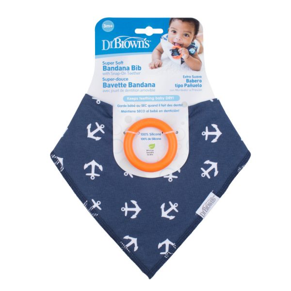 [2-Pack] Dr. Brown’s Bandana Bib w/ Teether - Anchors - Blue With Orange teether