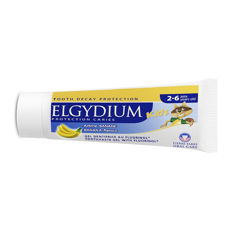 Elgydium Kids Banana 50ml Toothpaste (2-6 Years) - ( Fluorinol 500 ppm F- Dimethicone ) FOC Elgydium Toothpaste travel size 7ml with every 4 tubes ordered  Exp: