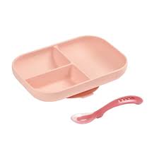 Beaba Silicone suction divided plate + 2nd age spoon - Pink