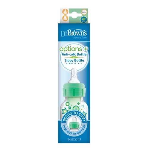 [Bundle of 2] Dr Brown's 8 oz/250 ml PP Narrow-Neck "Options+" Transition Bottle W/ Sippy Spout - Green Star (1-Pack)