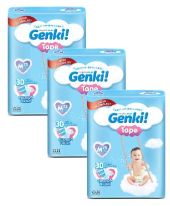 Nepia Genki Mega Pack Tape Diapers M75 (3 Packs / Cartoon) - FOC Showa Baby Wipes 99.5% Water 80s x 3packs