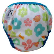 Moo Moo Kow One Size Swim Diaper - Mooky Flower with Blue Border