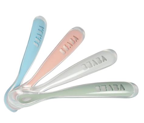 Beaba Set of 4 ergonomic 1st age silicone spoons Eucalyptus (Assorted Colors Windy Blue/ Eucalyptus Green/Light Mist/Old Pink