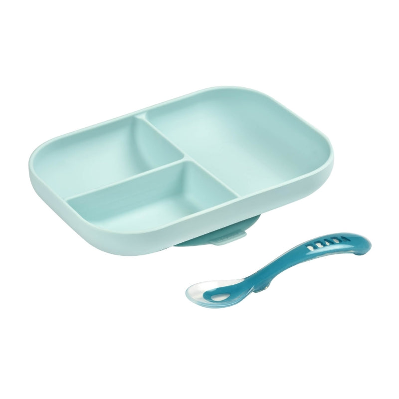 Beaba Silicone suction divided plate + 2nd age spoon - Blue