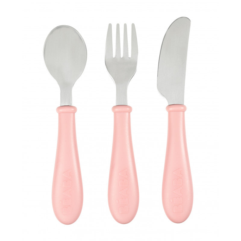 Beaba Stainless Steel Training Cutlery Knife / Fork / Spoon - Old Pink