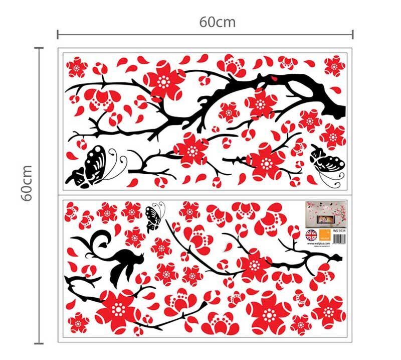 Walplus Chinese Red Blossom Flowers Wall Decals 30x60cm 2pcs